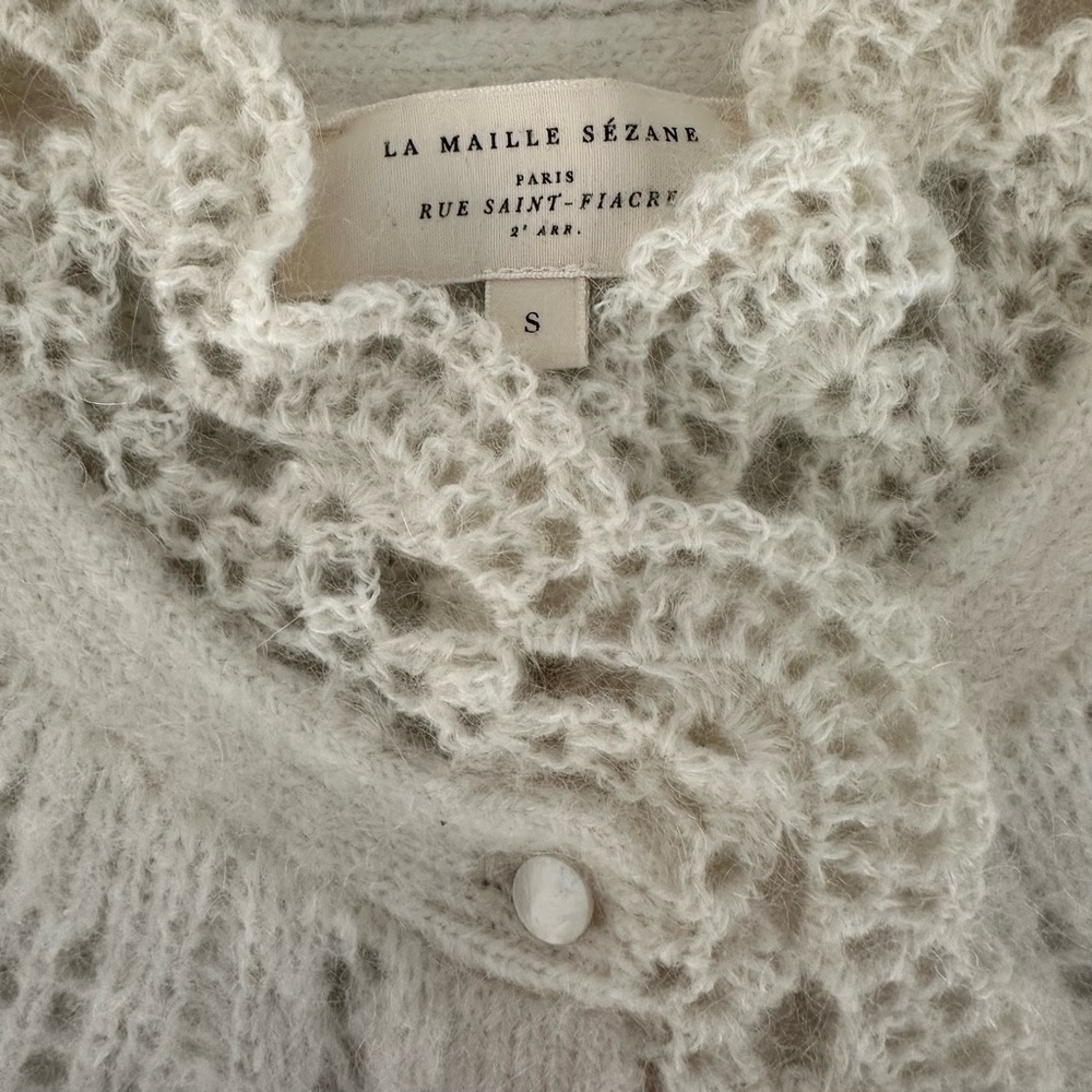 Sezane Cream Angie Kid Mohair Wool Lace Trim Pointelle Knit Cardigan Size S - Picture 3 of 5